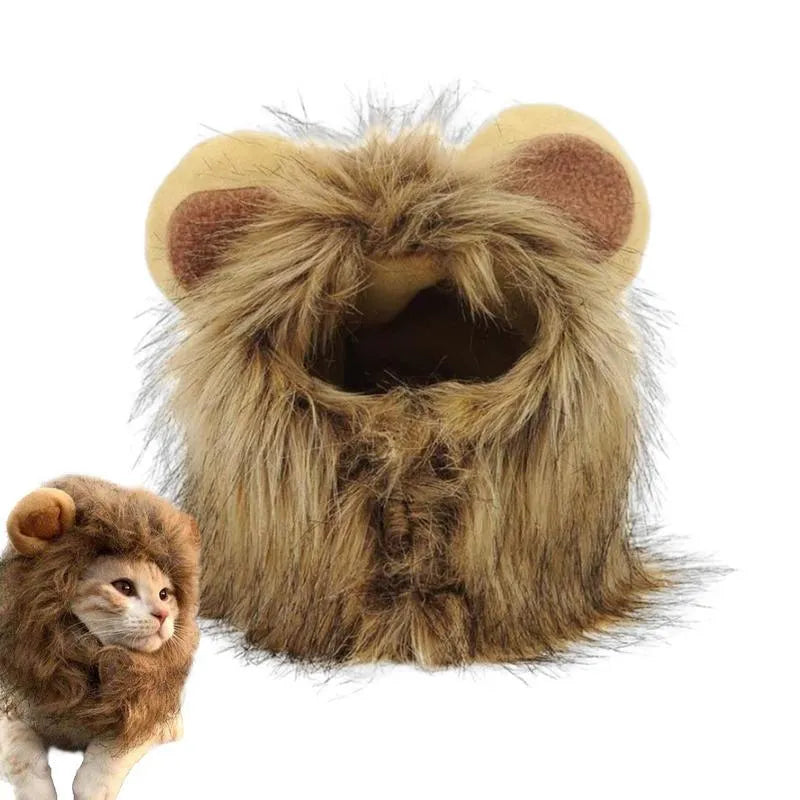 Lion mane wig for cats with artificial hair and adjustable elastic band in three sizes