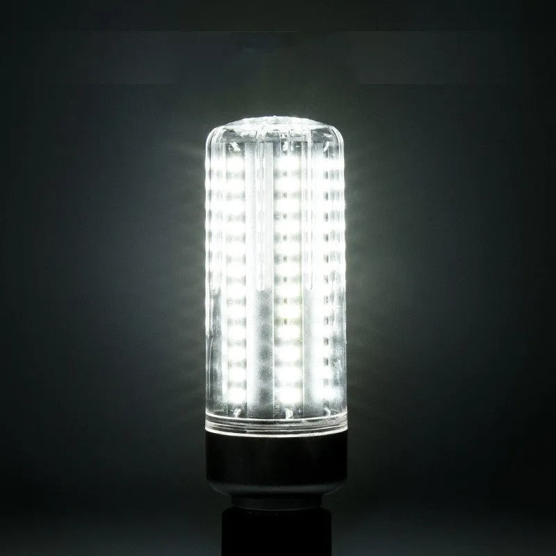 25W LED corn light bulb with aluminium heat sink fins, E27 base, shown in warm white and cool white.