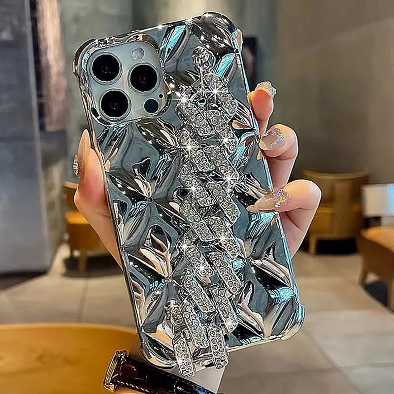 Luxury diamond bracelet phone case in plated rhombus design for iPhone, with TPU material and flash diamond lock
