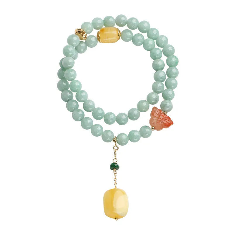 Double-layer jade bracelet with emerald round beads and beeswax barrel beads in retro geometric style