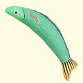 Green catnip-filled saury fish cat toy with crinkle sound, measuring 24 cm for indoor feline exercise