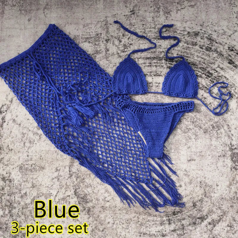 Handmade crochet bikini set with matching beach skirt in blue colour, showing three separate pieces