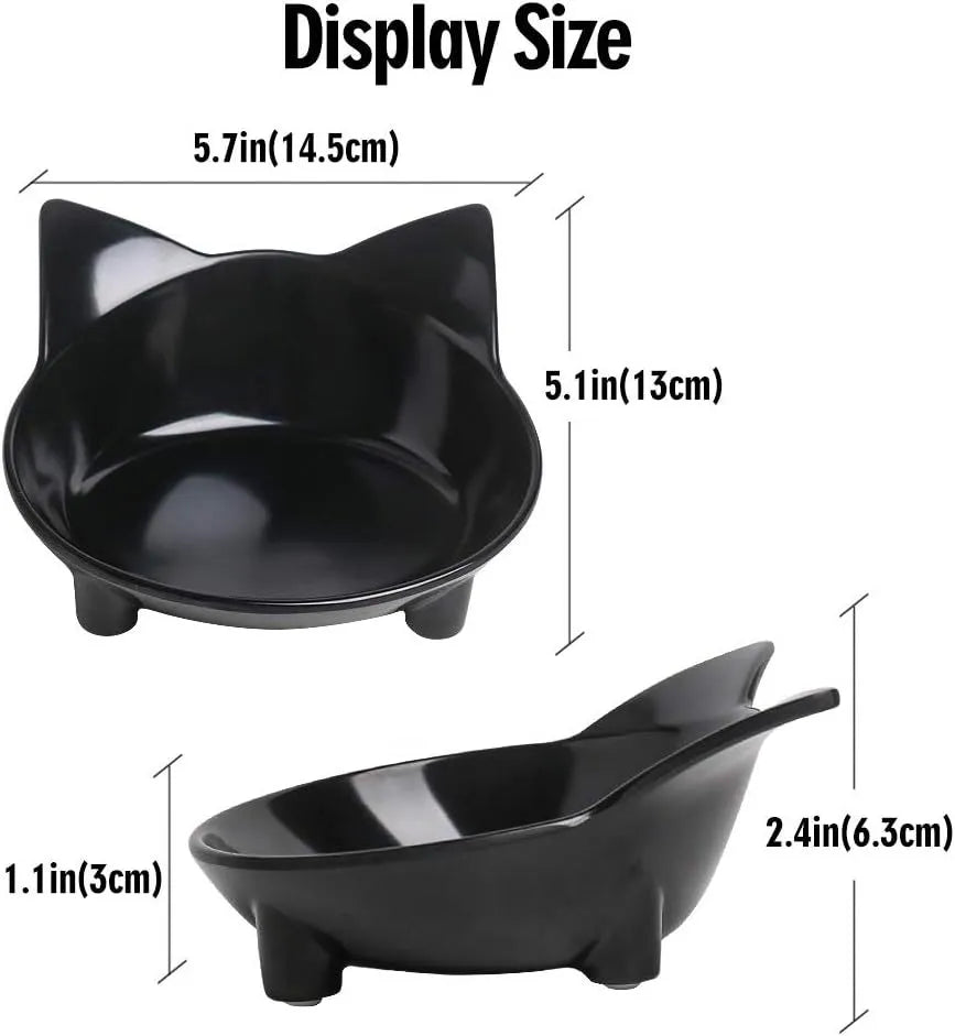 Non-slip shallow cat bowl in black or white, made from food-grade melamine with rubber base, measuring 145mm by 63mm