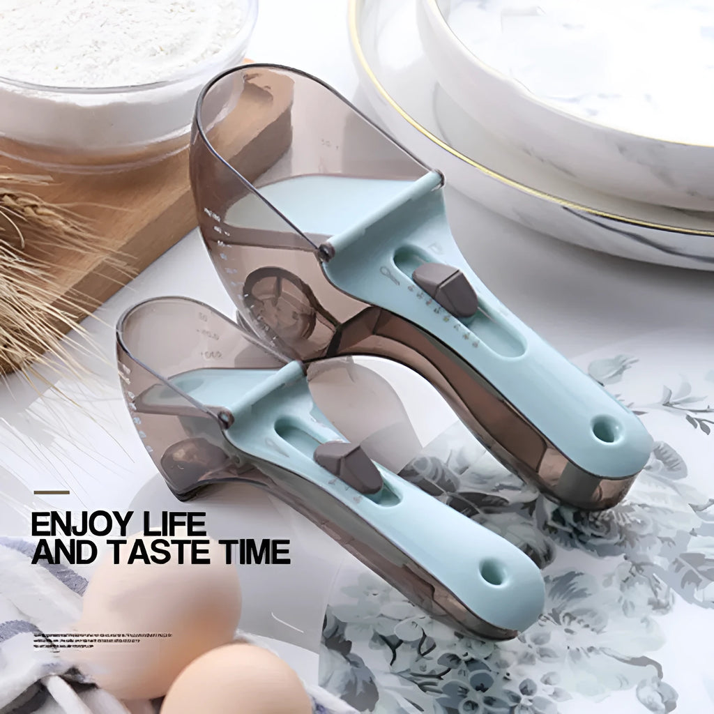 Orange and blue digital measuring spoons with magnetic snaps and hanging hole for kitchen storage