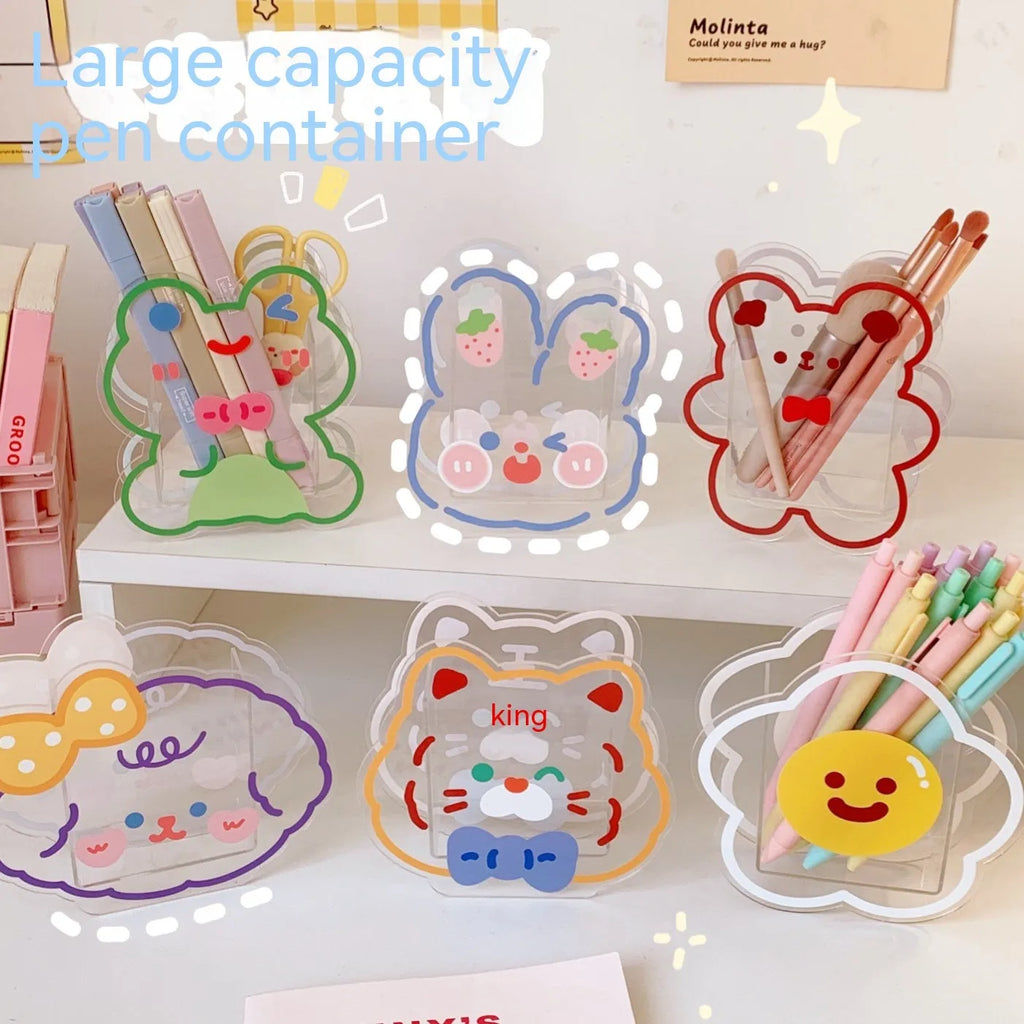Square transparent acrylic stationery storage box with colourful character design on front