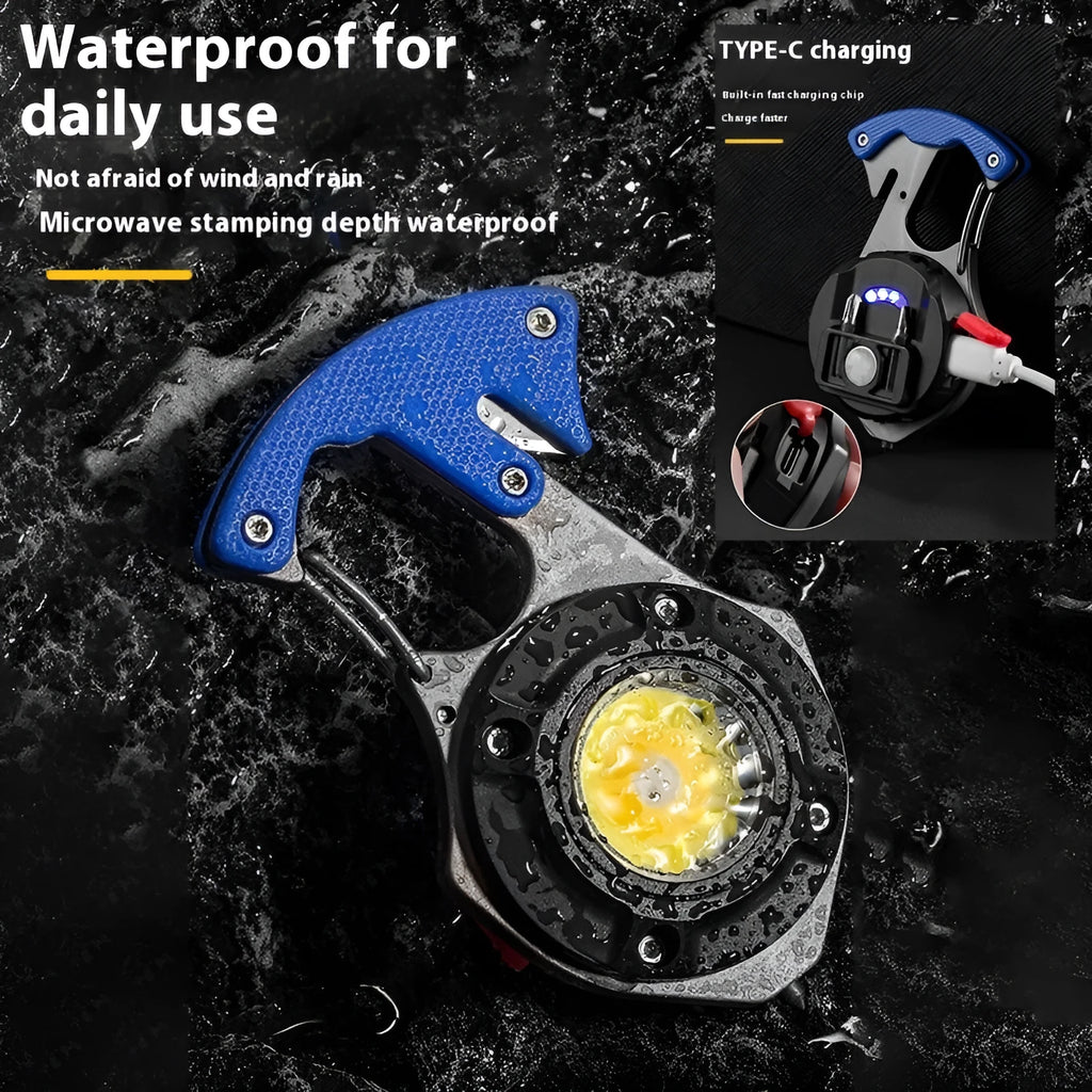Portable aluminium multifunctional keychain flashlight with keyring and display screen.