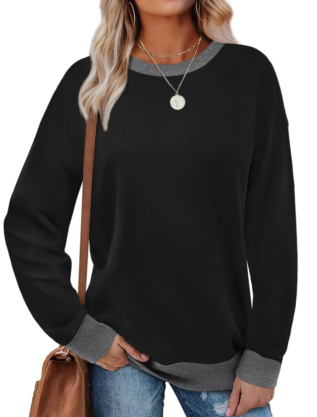 Women's loose fit striped long sleeve top with round neck in multiple colour options