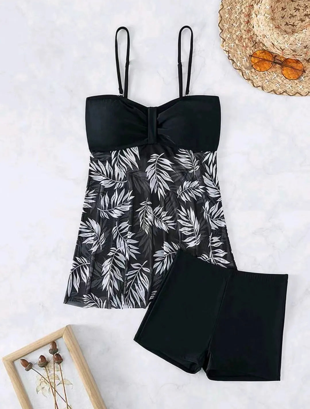 Women's high-waist mesh swim boxer briefs in black, blue, and peacock green on a size chart.