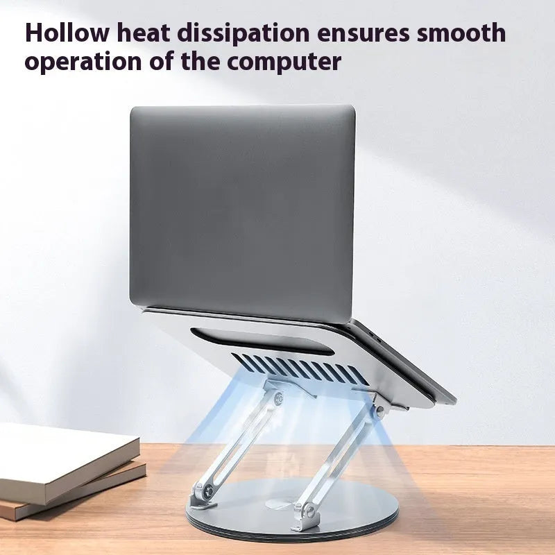 Silver aluminium alloy laptop stand folded flat showing dimensions and rotatable hinge mechanism