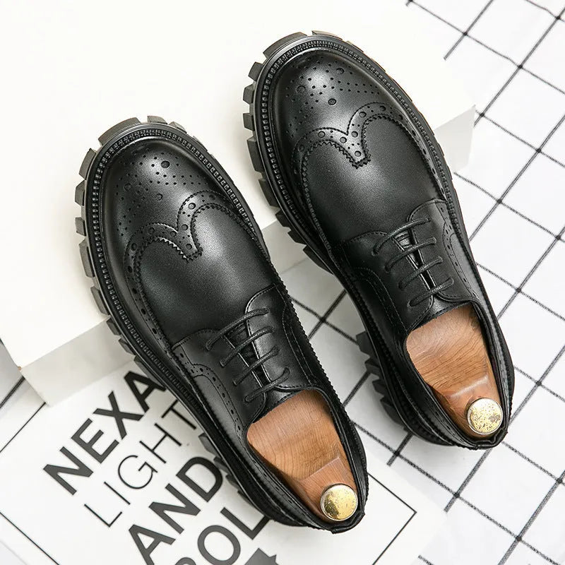 Men's black and brown brogue business shoes with round toe and artificial PU uppers