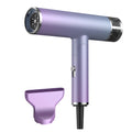 Green and purple foldable hair dryer with compact, lightweight design for travel.