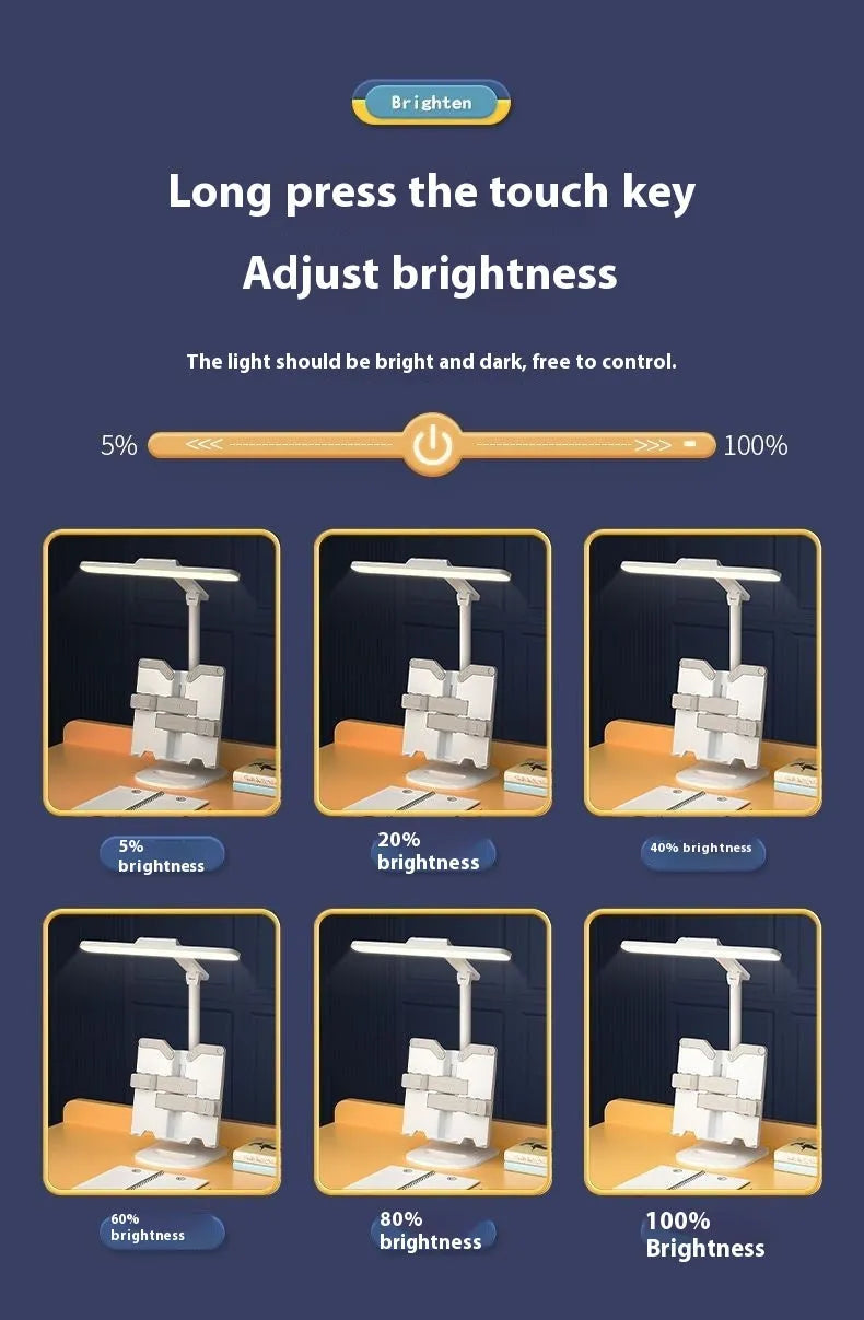 Multifunctional table lamp with adjustable colour temperature and integrated bookshelf on a desk.