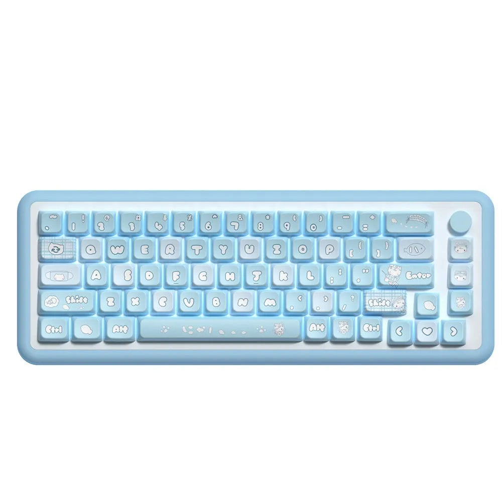 Watercolour kitten custom keycap set with sublimation printing on PTB plastic, showing 138 or 158 keys with opaque legends