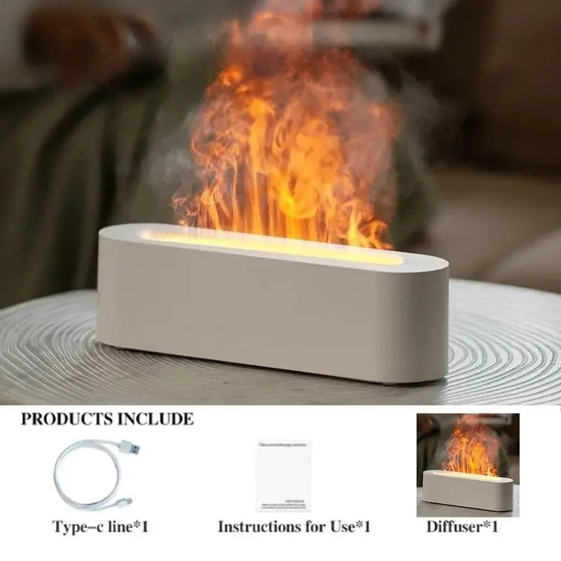 White square DQ709 flame effect aroma diffuser and ultrasonic cool mist humidifier on a table.