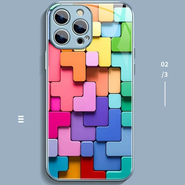 Colourful geometric cartoon design on a soft silicone case for iPhone, showing precise cutouts for camera and ports.