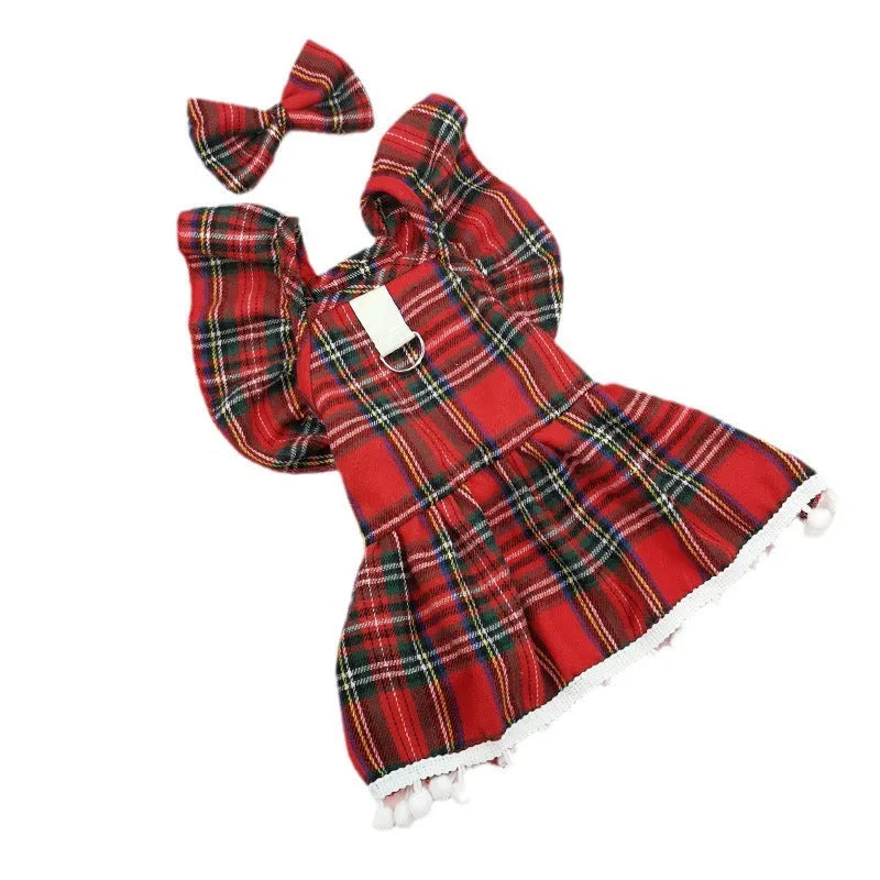 Red Christmas tartan pet skirt with matching bow tie and head flower accessories