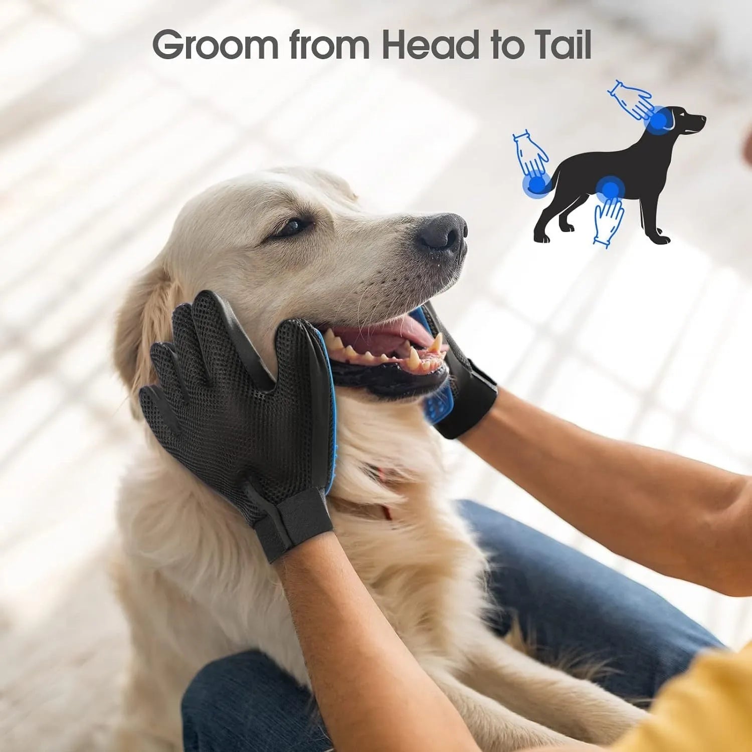 Blue pet grooming gloves with silicone tips for gentle shedding removal on dogs and cats