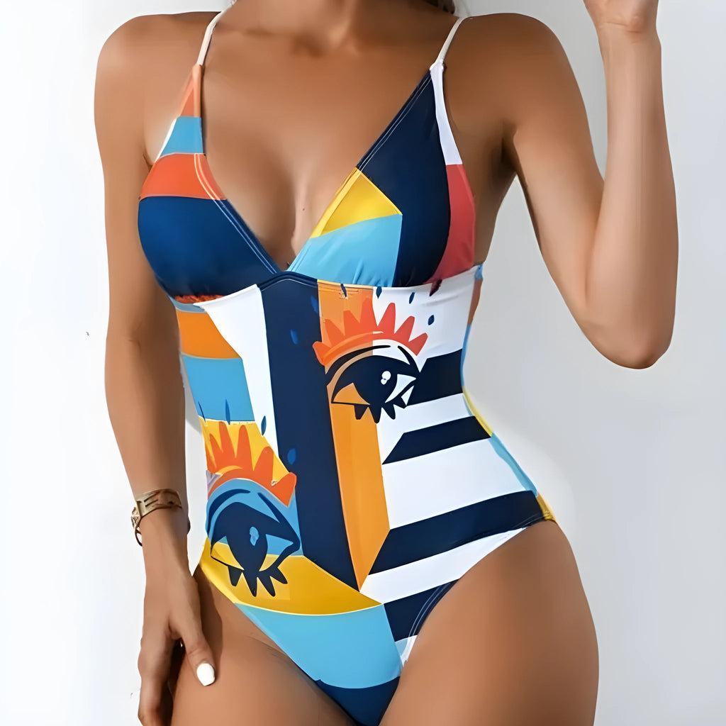 Blue plus size backless one-piece swimsuit for women on a mannequin