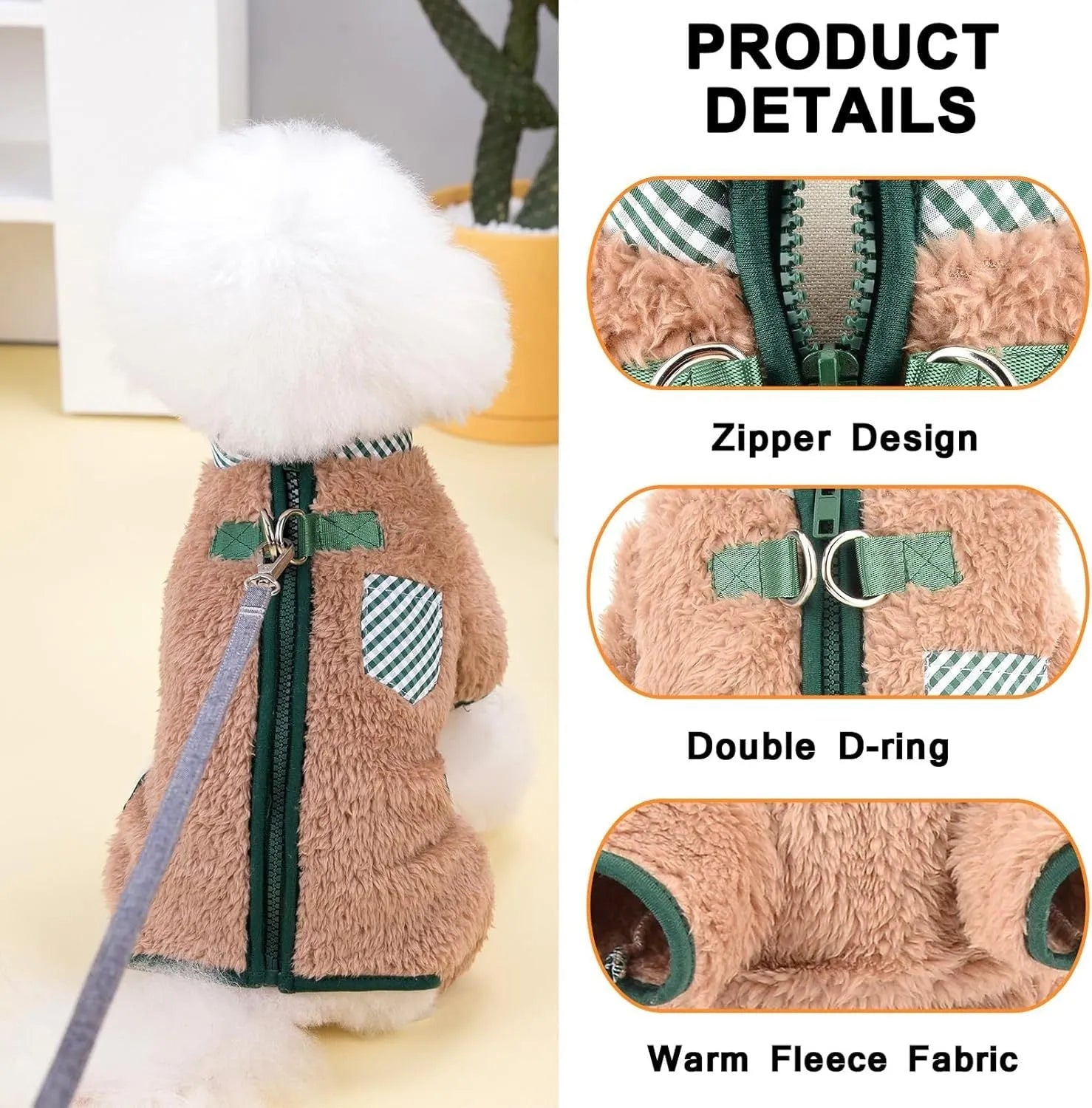 Green plush fleece dog coat with four leg openings and back zipper for small breeds