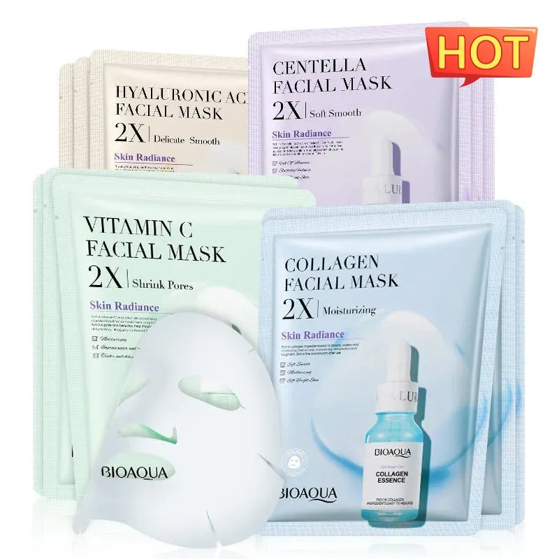 Collagen face sheet mask with 30g serum containing hyaluronic acid, vitamin C, and Centella Asiatica extract