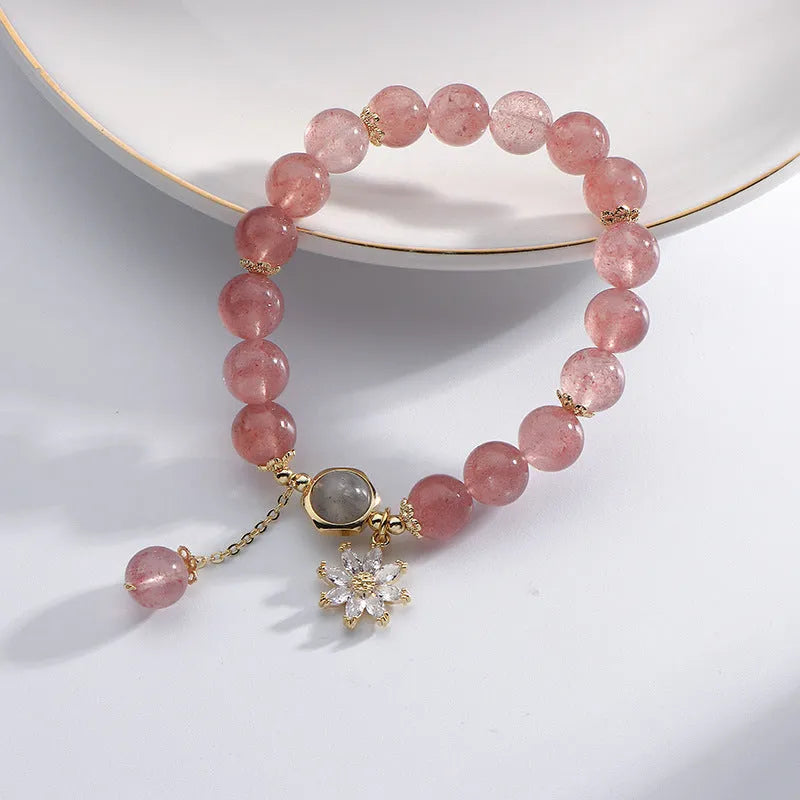 Strawberry quartz crystal bracelet with electroplated flower charm in mori Korean style