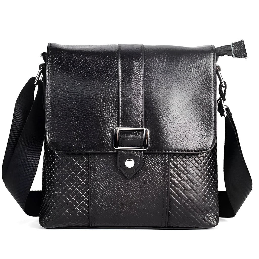 Genuine leather men's crossbody bag in black cowhide, 26x23x5cm, single shoulder business travel messenger