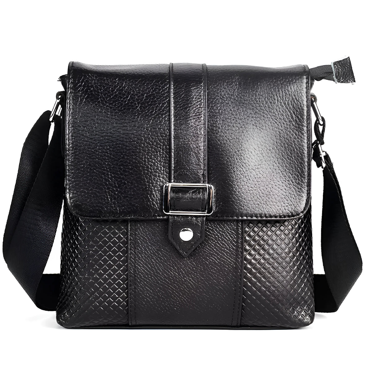 Genuine leather men's crossbody bag in black cowhide, 26x23x5cm, single shoulder business travel messenger