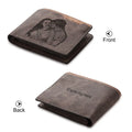 Coffee-coloured engraved horizontal short wallet with personalised text, showing 120mm width and 25mm depth