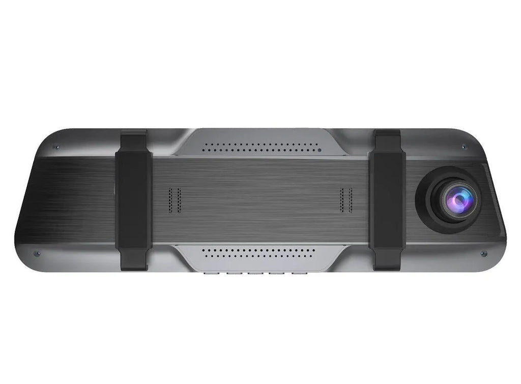 Black 10-inch touch screen driving recorder mounted as rearview mirror with wide angle lens