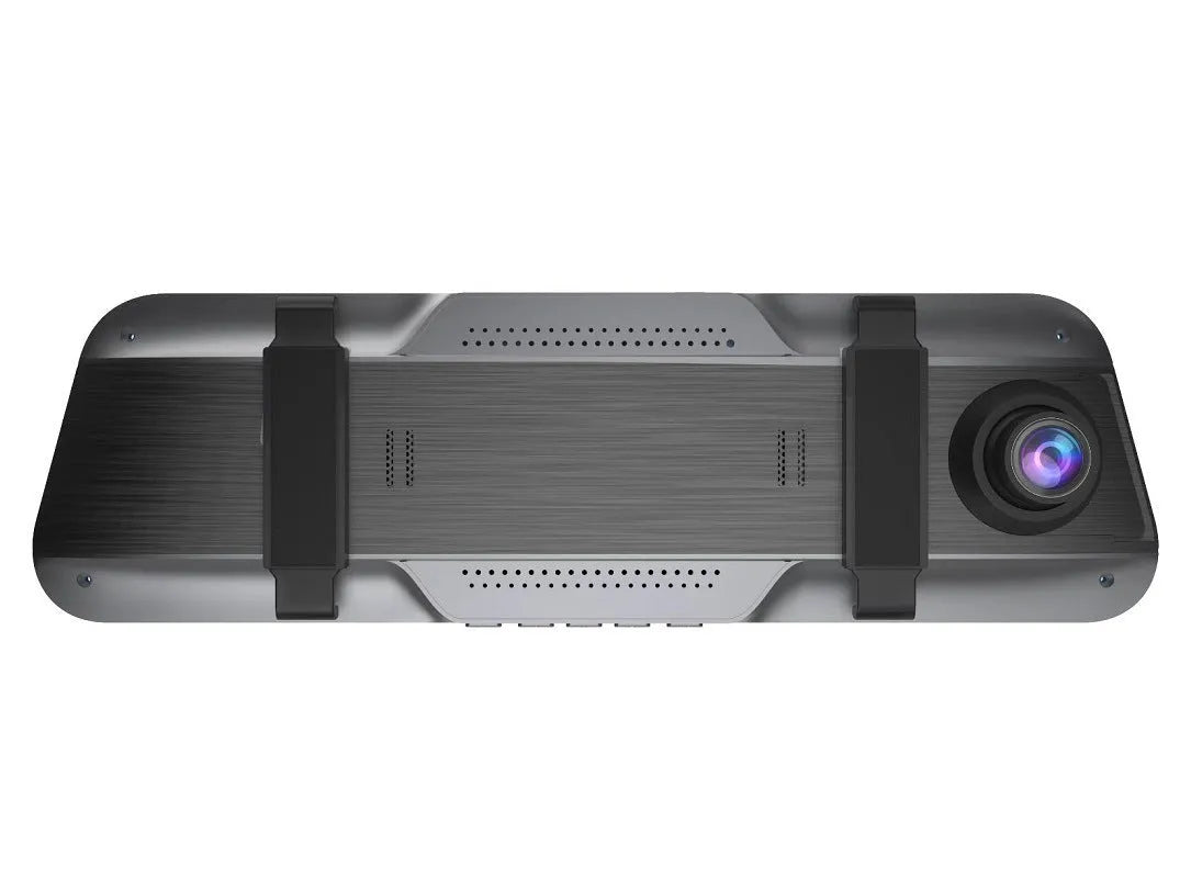 Black 10-inch touch screen driving recorder mounted as rearview mirror with wide angle lens