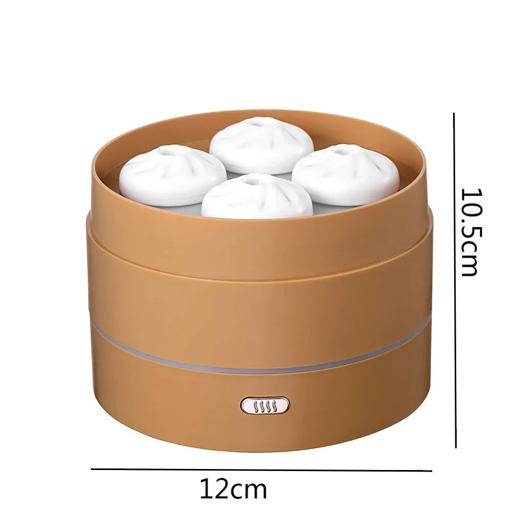 200ml USB ultrasonic aroma diffuser with four-spray design, steaming bun shape, and LED night light in Coffee or White