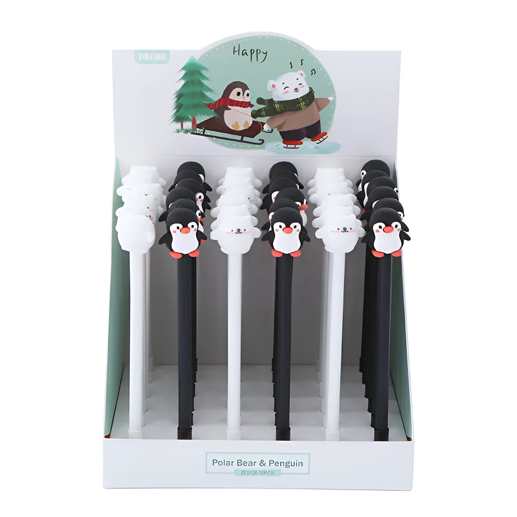 Korean cartoon penguin design gel pen with silicone grip in black or blue, showing 0.5mm tip.