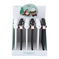 Korean cartoon penguin design gel pen with silicone grip in black or blue, showing 0.5mm tip.