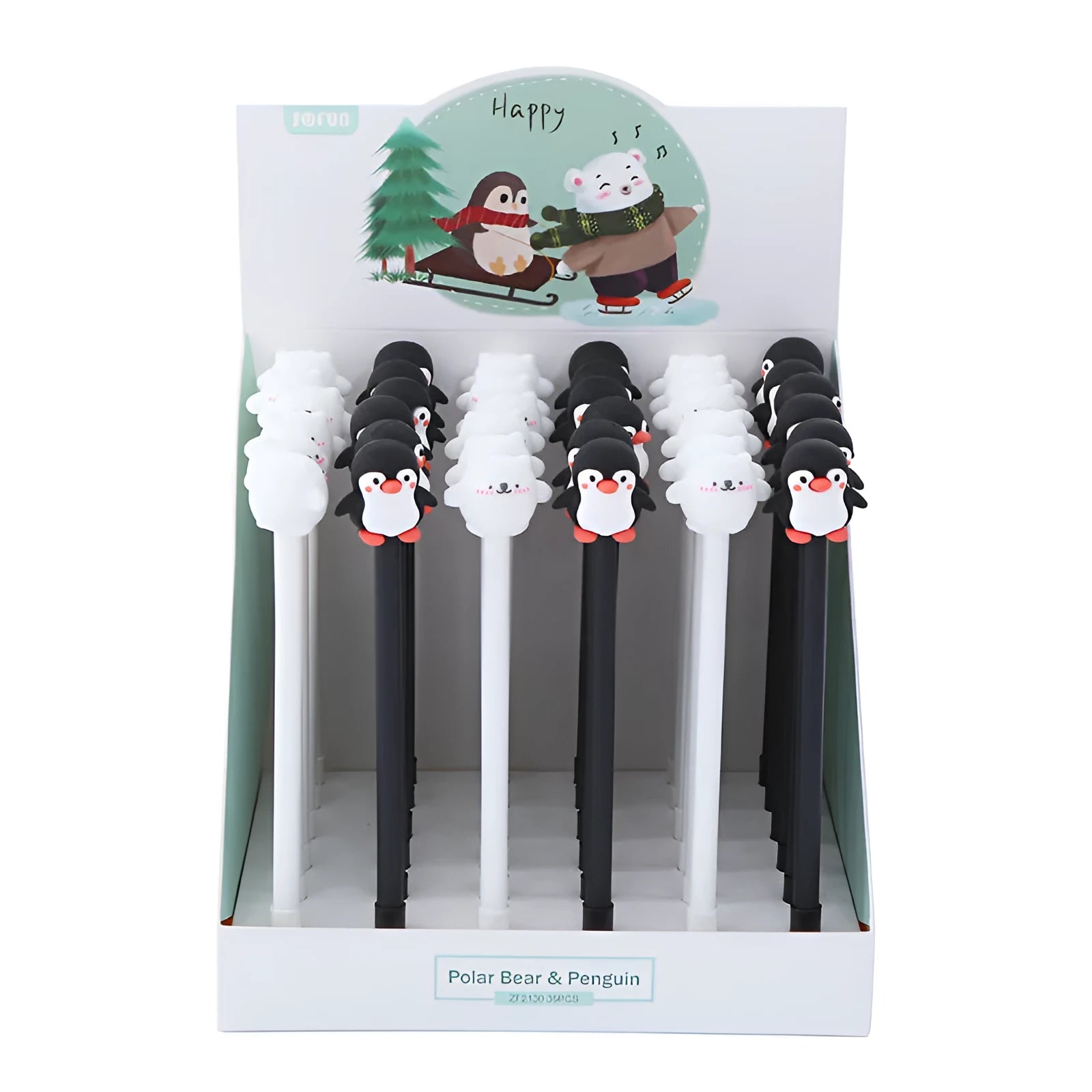 Korean cartoon penguin design gel pen with silicone grip in black or blue, showing 0.5mm tip.