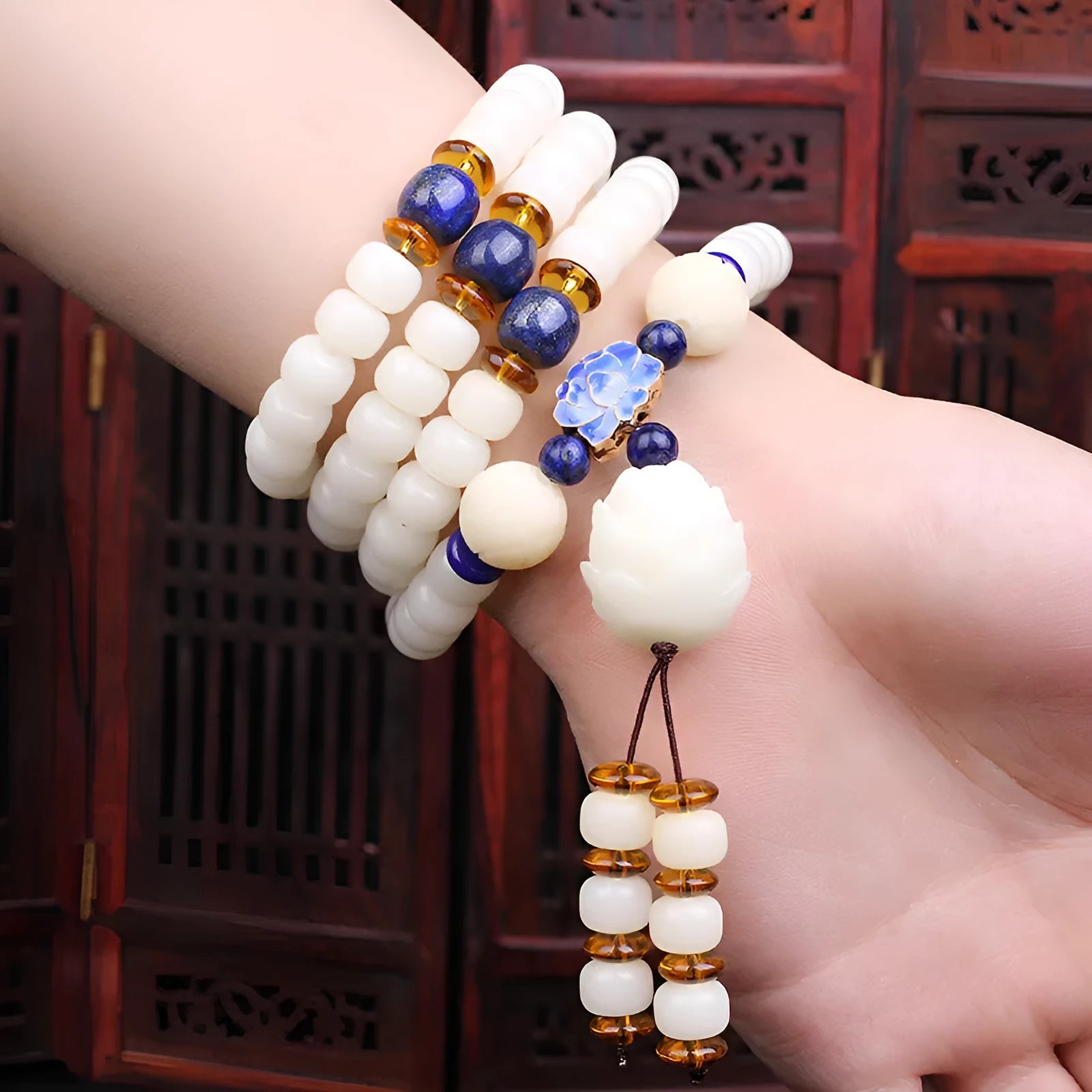 White jade Bodhi bead bracelet for men and women with 6x8mm beads in multiple style options.