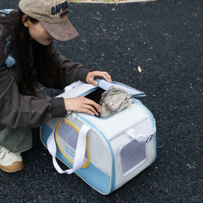 Blue and green foldable Oxford cloth cat backpack carrier shown open