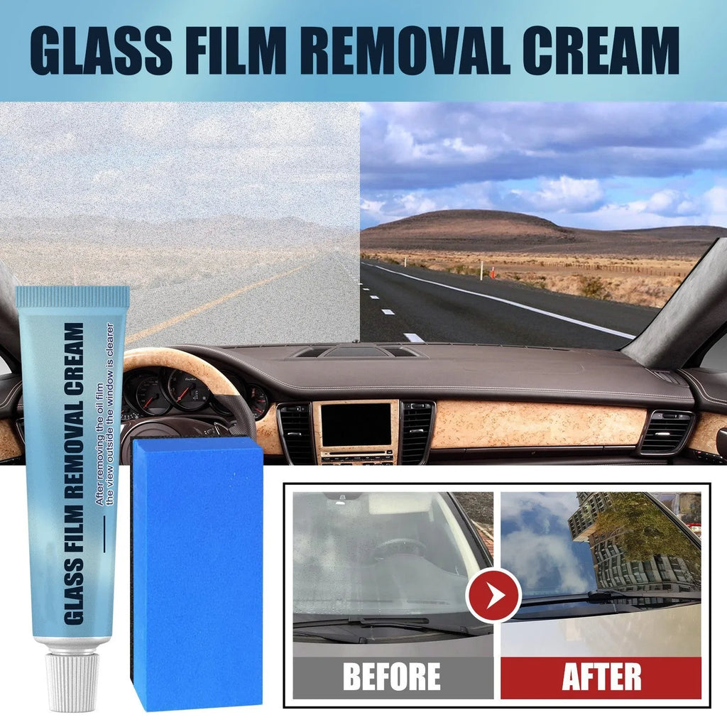 Blue car glass oil film remover with sponge applicator, product measures 13.7cm long
