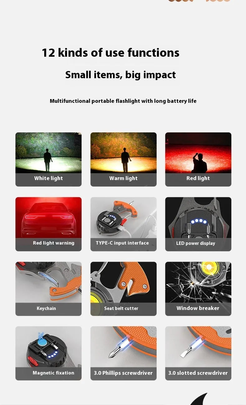 Portable aluminium multifunctional keychain flashlight with keyring and display screen.