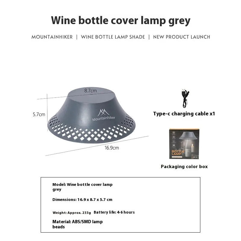 Beige wine bottle-shaped camping lantern with LED lights and USB Type-C port for charging
