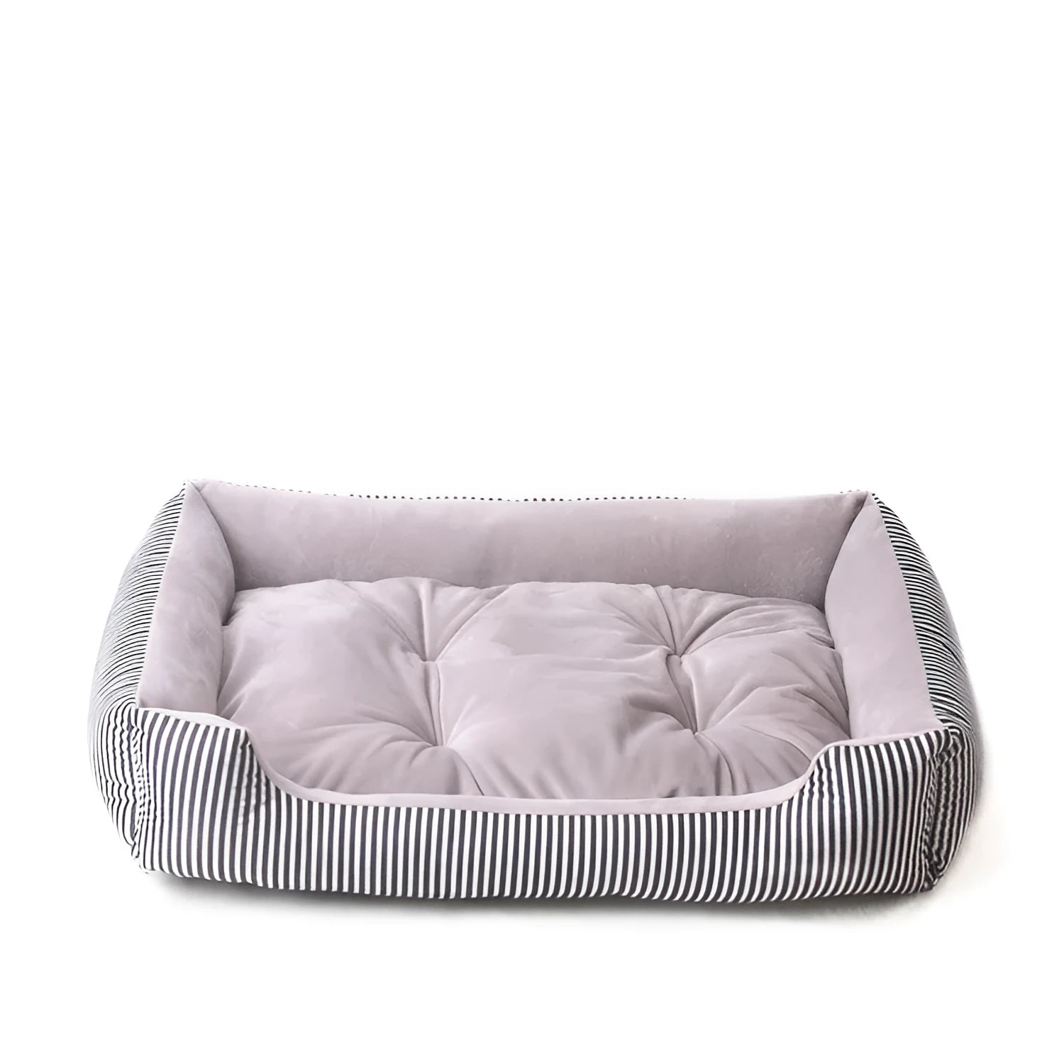Washable cloth pet bed with cushioned sides shown in a striped colour option.