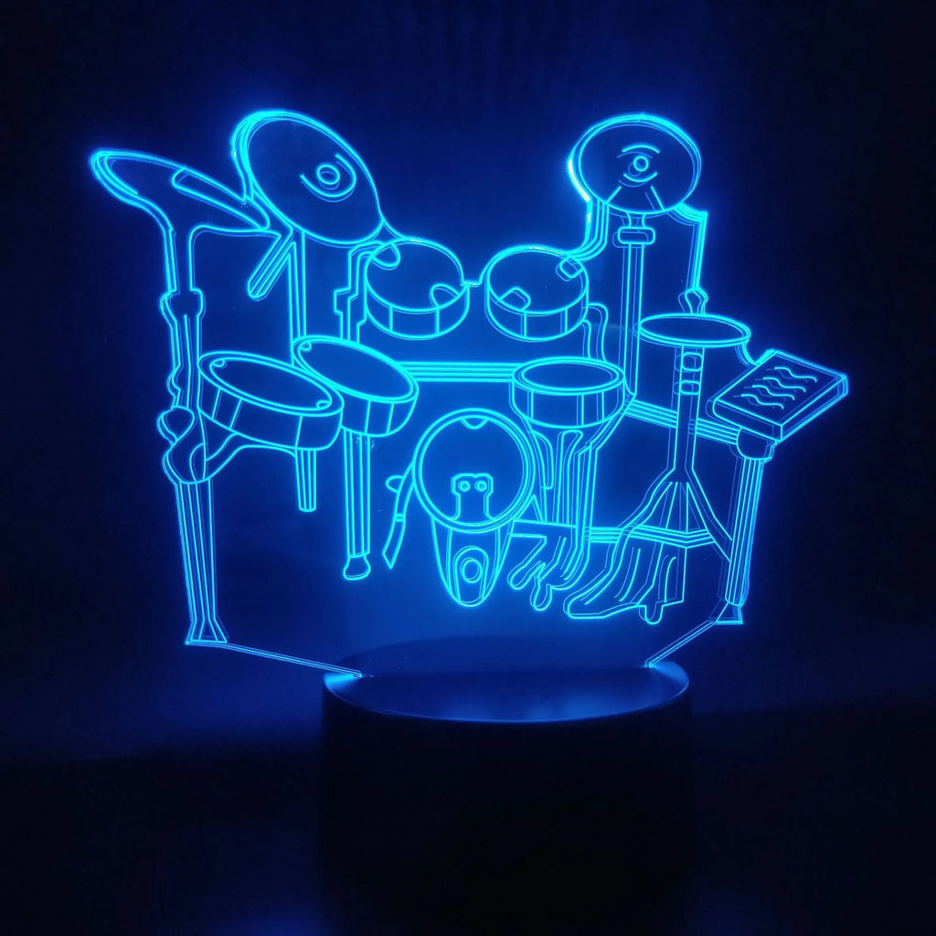 3D acrylic drum kit night light with colour-changing LEDs on a black ABS base.