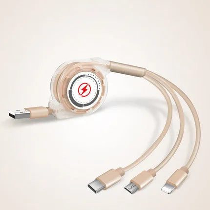 3-in-1 telescopic charging cable with TPE-coated 120cm wire and titanium alloy connectors in multiple colour options