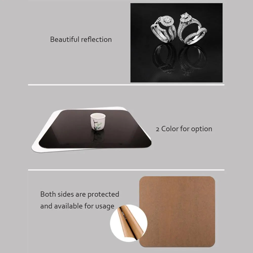 Black and white acrylic shooting reflection boards in three square sizes for jewellery photography