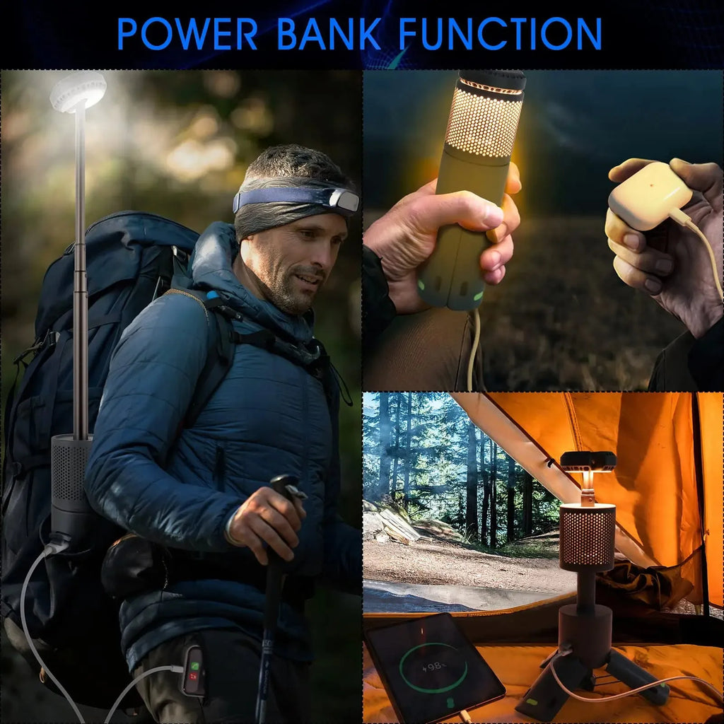 Portable LED camping light in creamy white or dark grey with 360-degree illumination and button switch