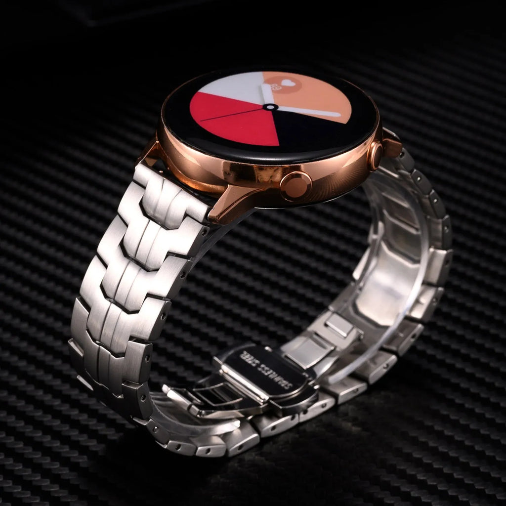 Stainless steel watch band showing 20mm and 22mm width options with ten colour variations including silver, black, and titanium finishes