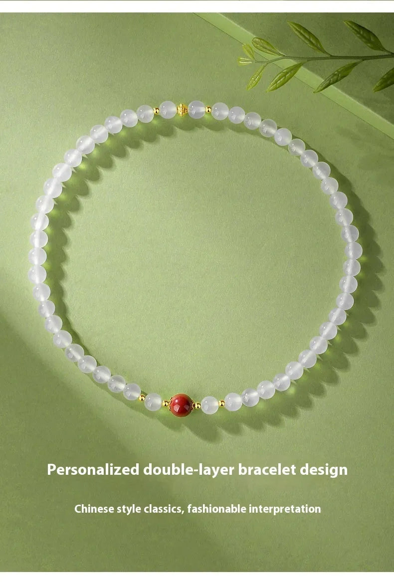 Women's double-layer white agate and jequirity bean cinnabar bracelet with 6mm geometric beads