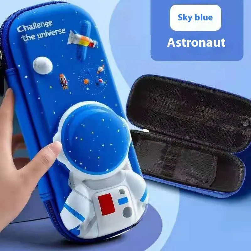 3D leather pencil case with zipper closure showing decorative space theme design