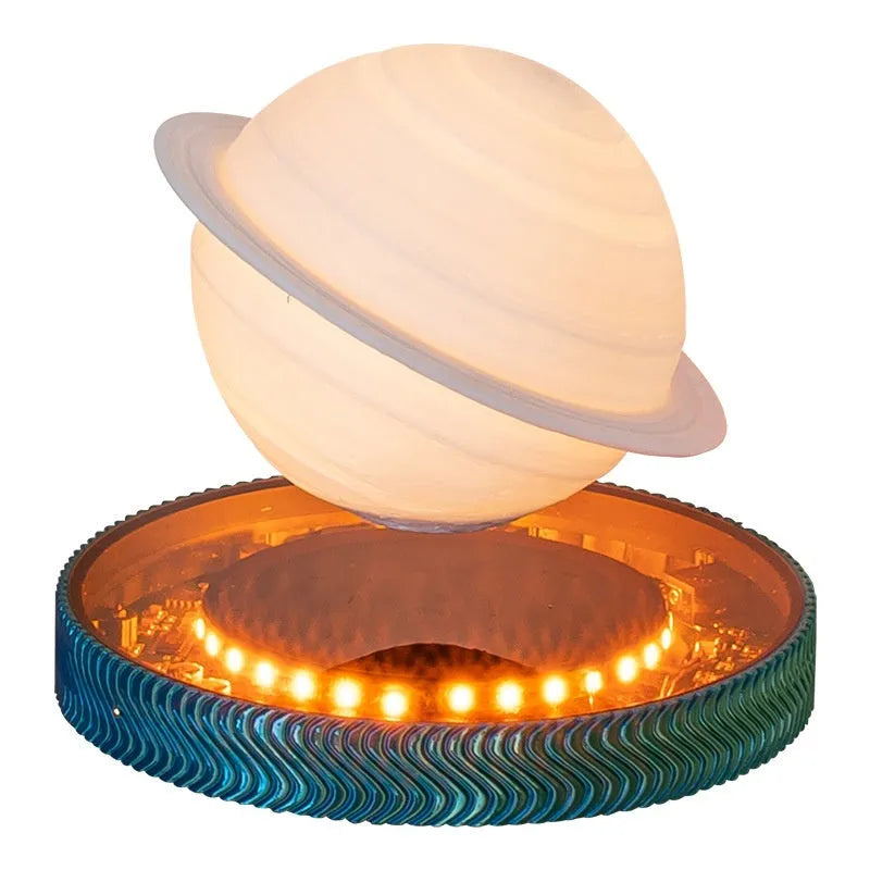 Magnetic suspension night lamp with floating 3D-printed moon ornament above base, UK plug visible