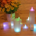 White plastic USB rechargeable LED candle lamp with flame-shaped head next to plastic cup and USB cable.
