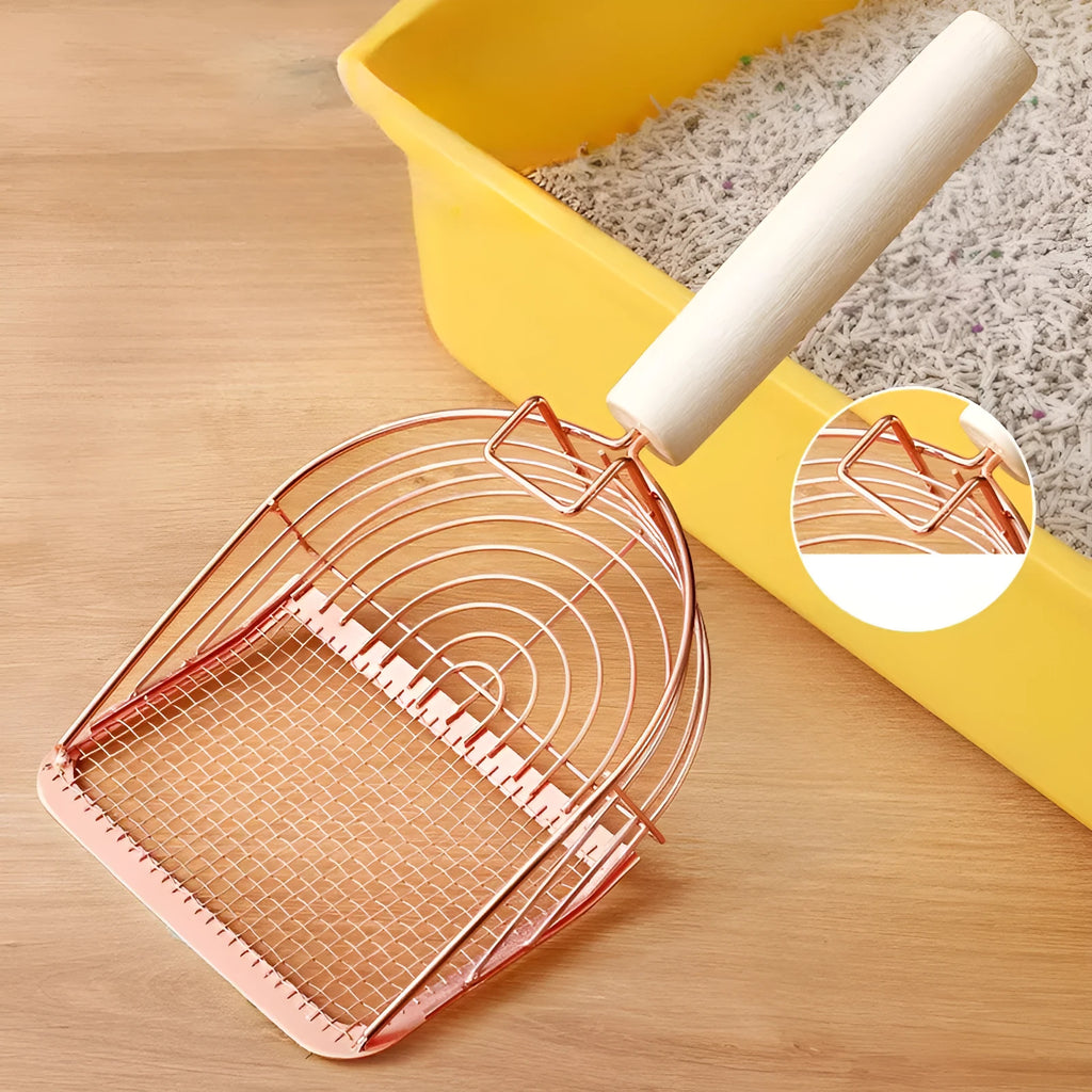 Stainless steel cat litter scoop with a long wooden handle shown in arc, linear, and square designs.